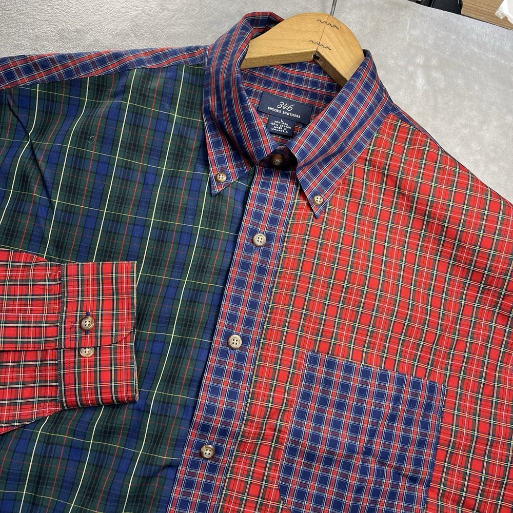 Brooks Brothers Shirt Men L Red Blue Patchwork Plaid Fun Shirt Non Iron 346 NEW